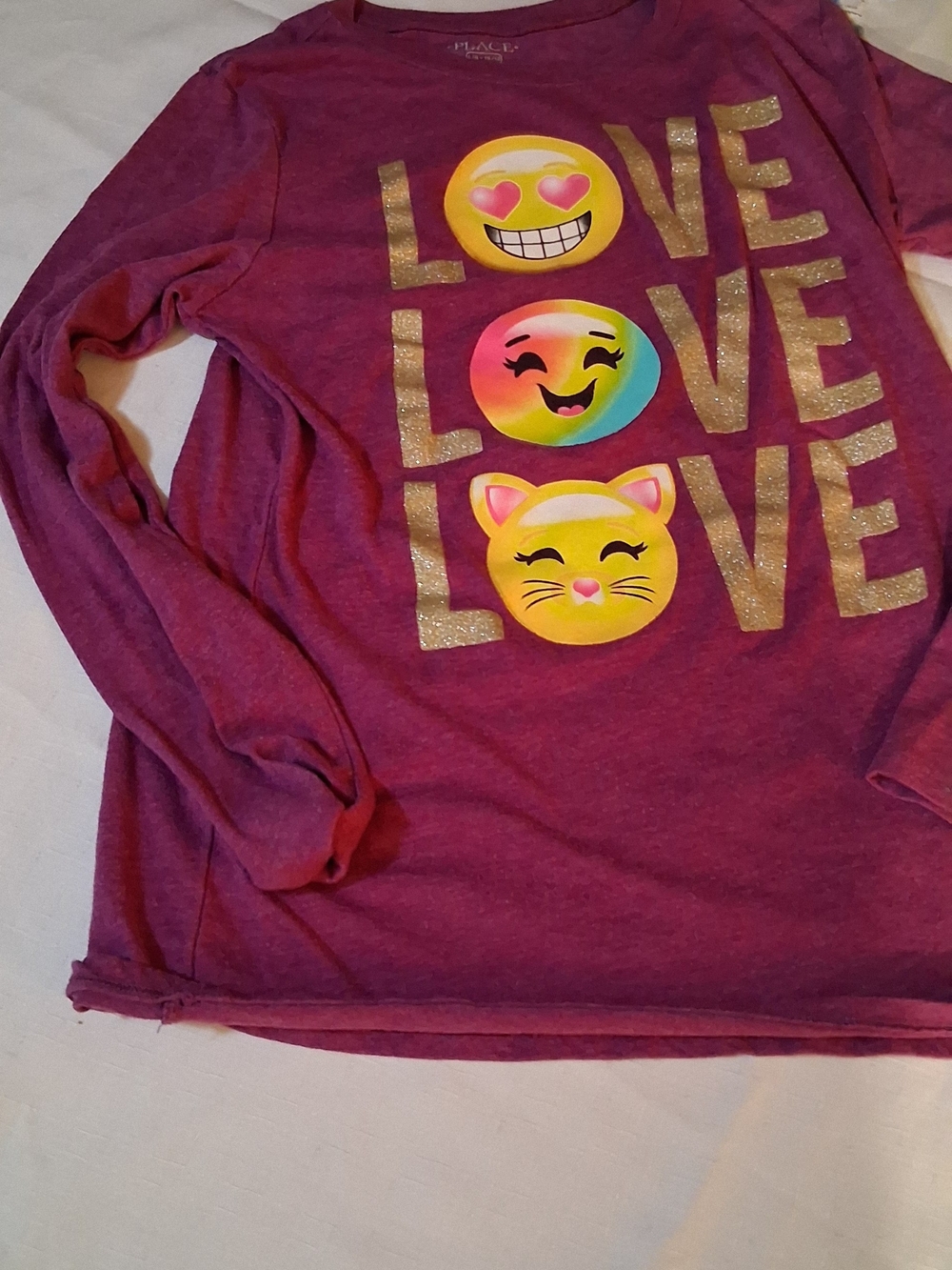Place Girls' Purple Long-Sleeve Tee with Glitter 'LOVE' Emoji Design L 260934